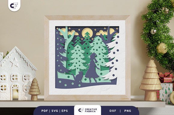 Girl and Cat in the Forest 3D SVG: A Christmas Shadow Box for Creative Design Projects