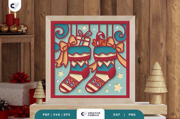 Retro Christmas Stocking 3D SVG Shadow Box for Holiday Digital Sellers